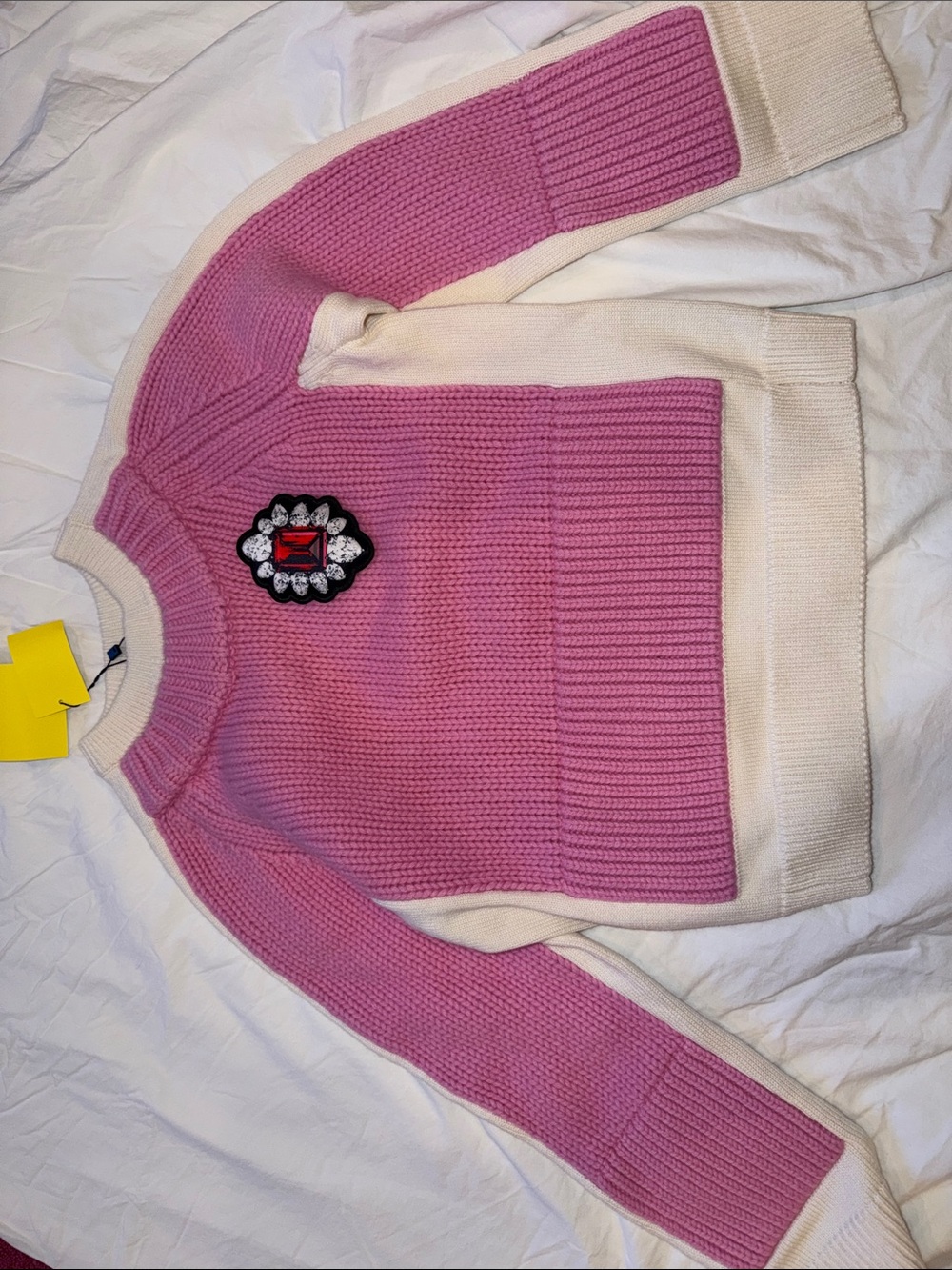 Marc Jacobs Pink and Cream Ribbed Crewneck Sweater with Jeweled Badge